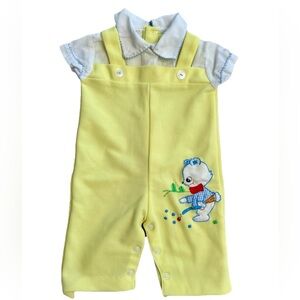 Vintage Boys Light Yellow Overall Jumper With‎ Peter Pan Collar And Fishing Bear